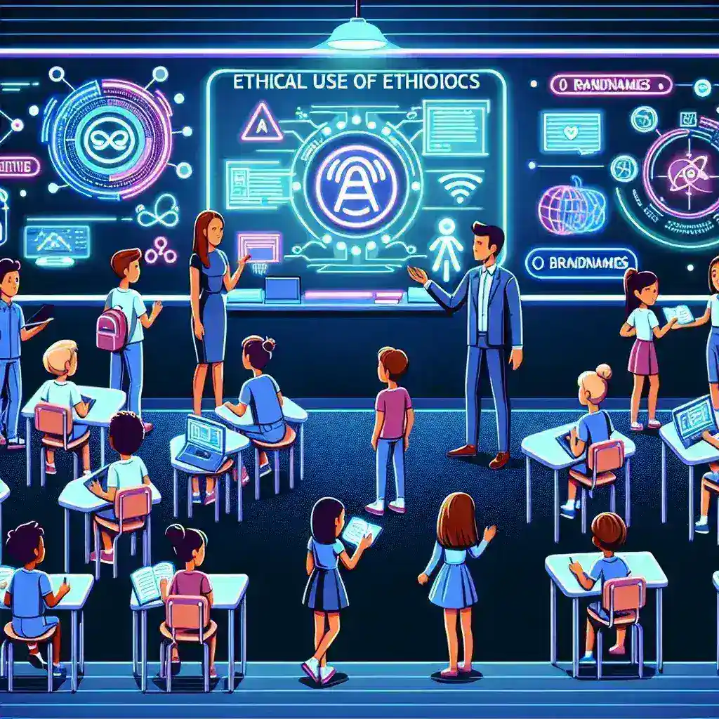 "Imagem ilustrativa de uma sala de aula moderna, com estudantes interagindo com tecnologia, representando a nova regulação que propõe regras éticas para o uso de inteligência artificial em escolas."