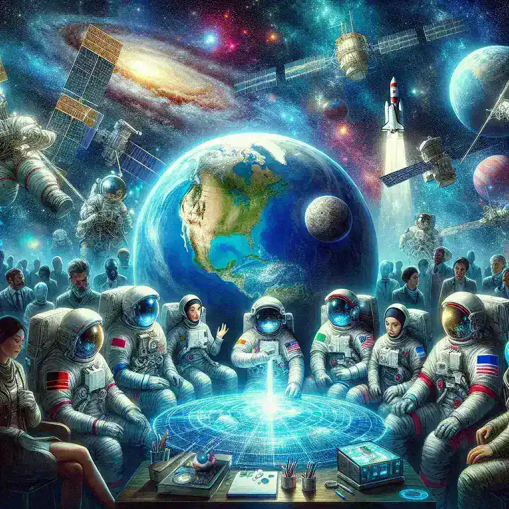 "Mapa destacando as principais nações líderes na exploração espacial no século XXI, incluindo Estados Unidos, Rússia, China, Europa e Índia, ilustrando avanços e missões espaciais recentes."