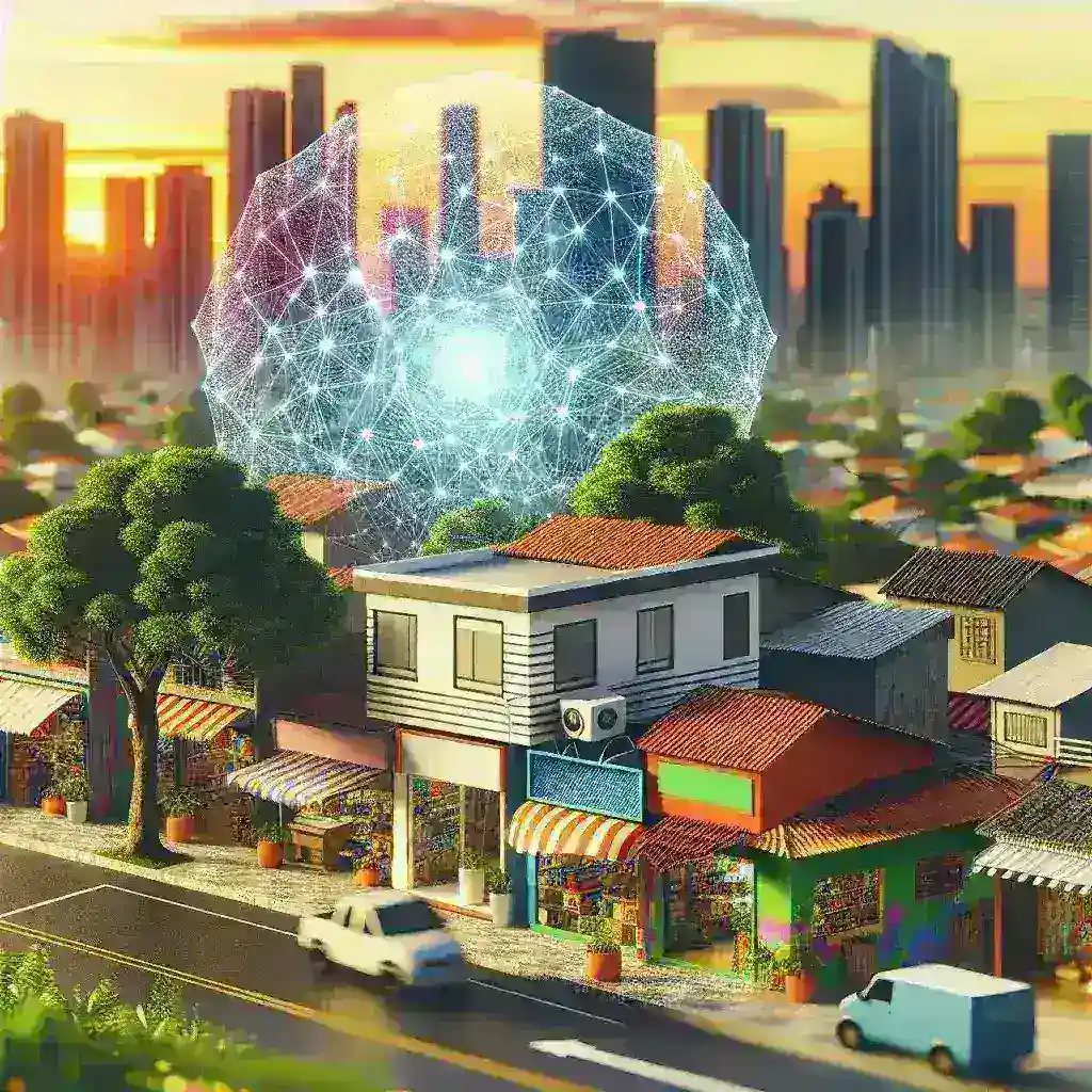 "Imagem ilustrativa de pequenas empresas brasileiras utilizando IA generativa para inovação e transformação digital, destacando ferramentas tecnológicas e ambientes de trabalho colaborativos."