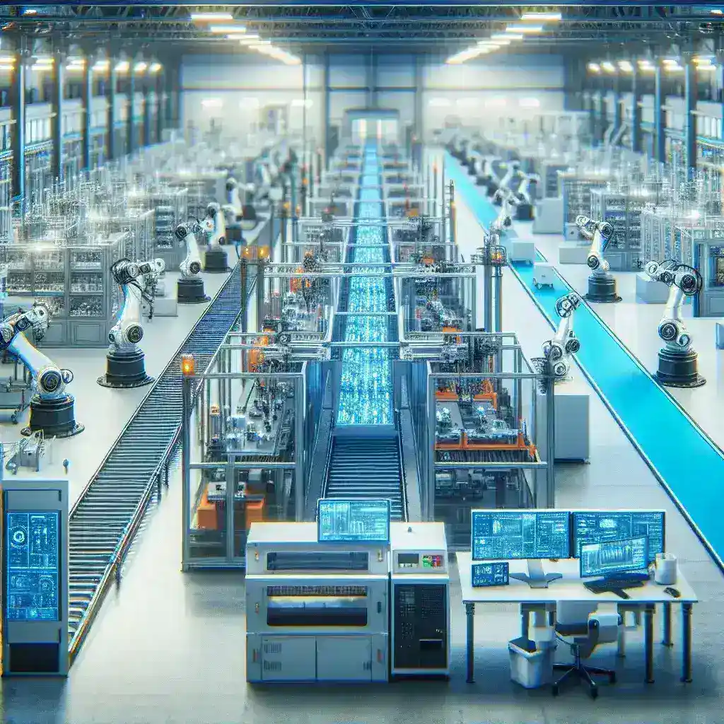 "Imagem de uma fábrica inteligente com sistemas de produção totalmente autônomos, destacando robôs industriais e máquinas operando sem intervenção humana em um ambiente moderno e eficiente."